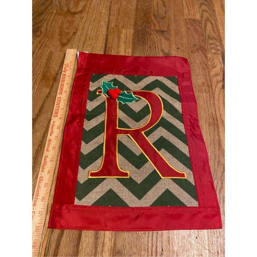Evergreen burlap mini flag Monogram R‎ Christmas Chevron 17x12”